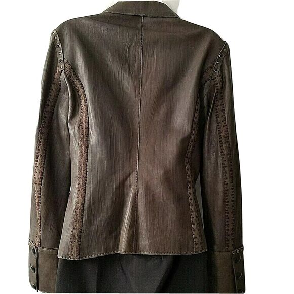 Rizal Womens  Leather Jacket brown collar button down pockets sz 2-4 S - Picture 6 of 10